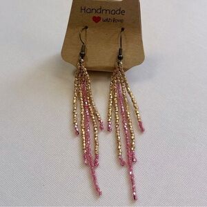 Handcrafted Pink and Gold Beaded Fringe Earrings